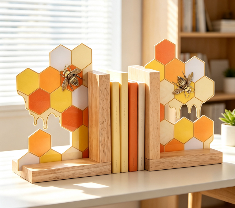 Honeycomb Pattern Wooden Bookends – Modern Style – Pair